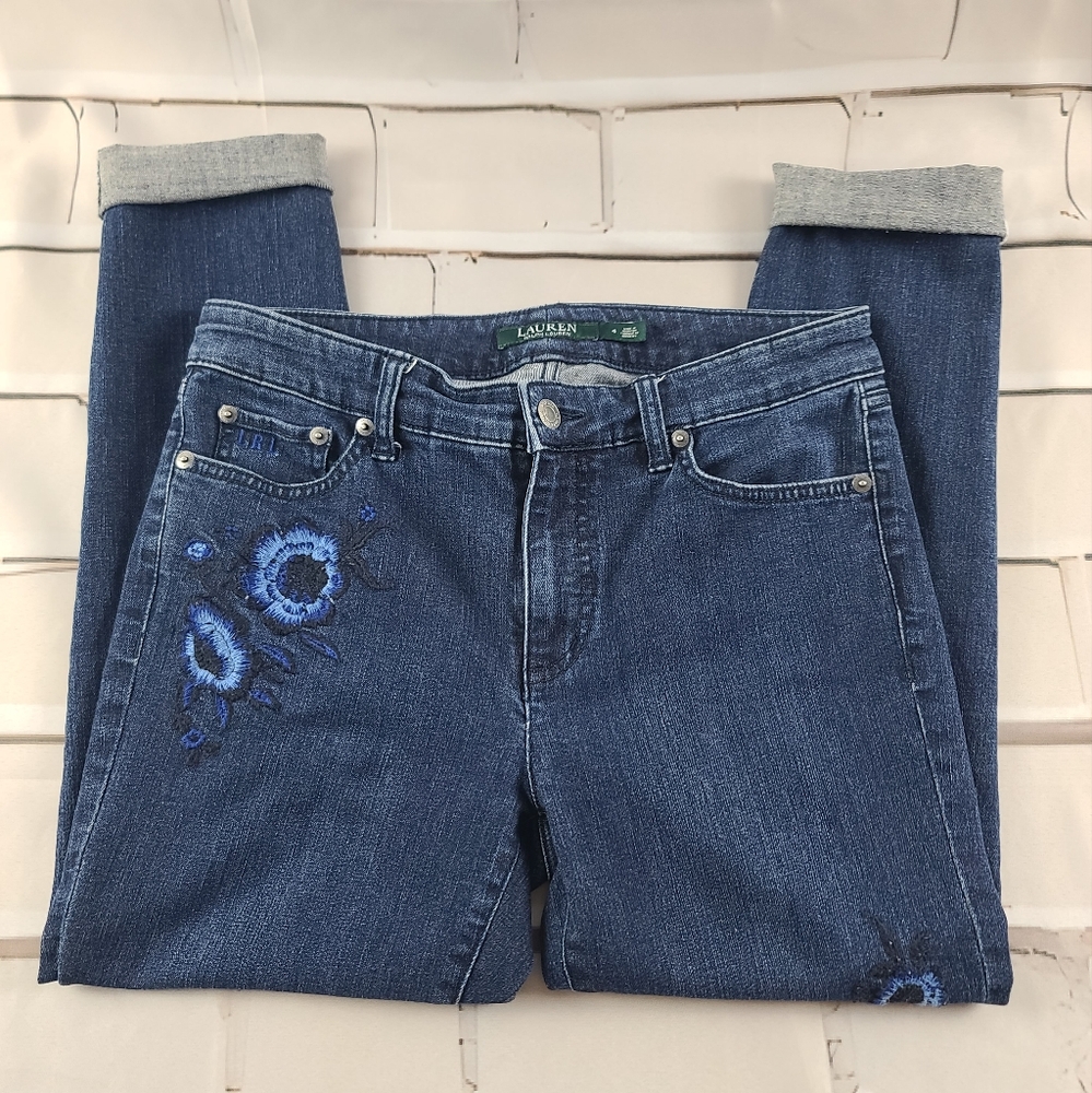 Lauren Ralph Lauren Wmn's 4 Embroidered Cropped Jeans Blue